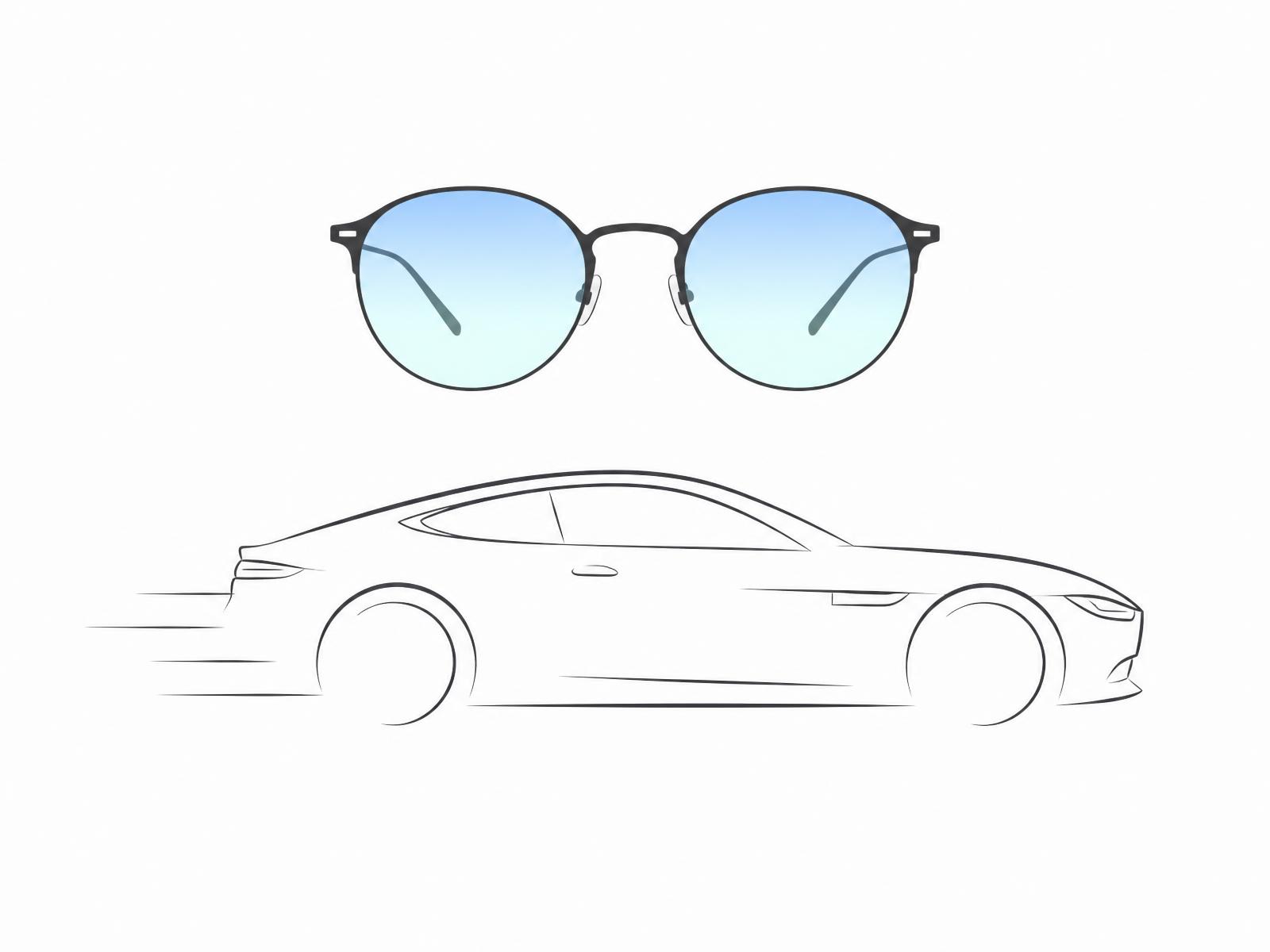 Ilustrație minimalistă cu o mașină și o pereche de ochelari, simbolizând optica mobilă Luxe Vision